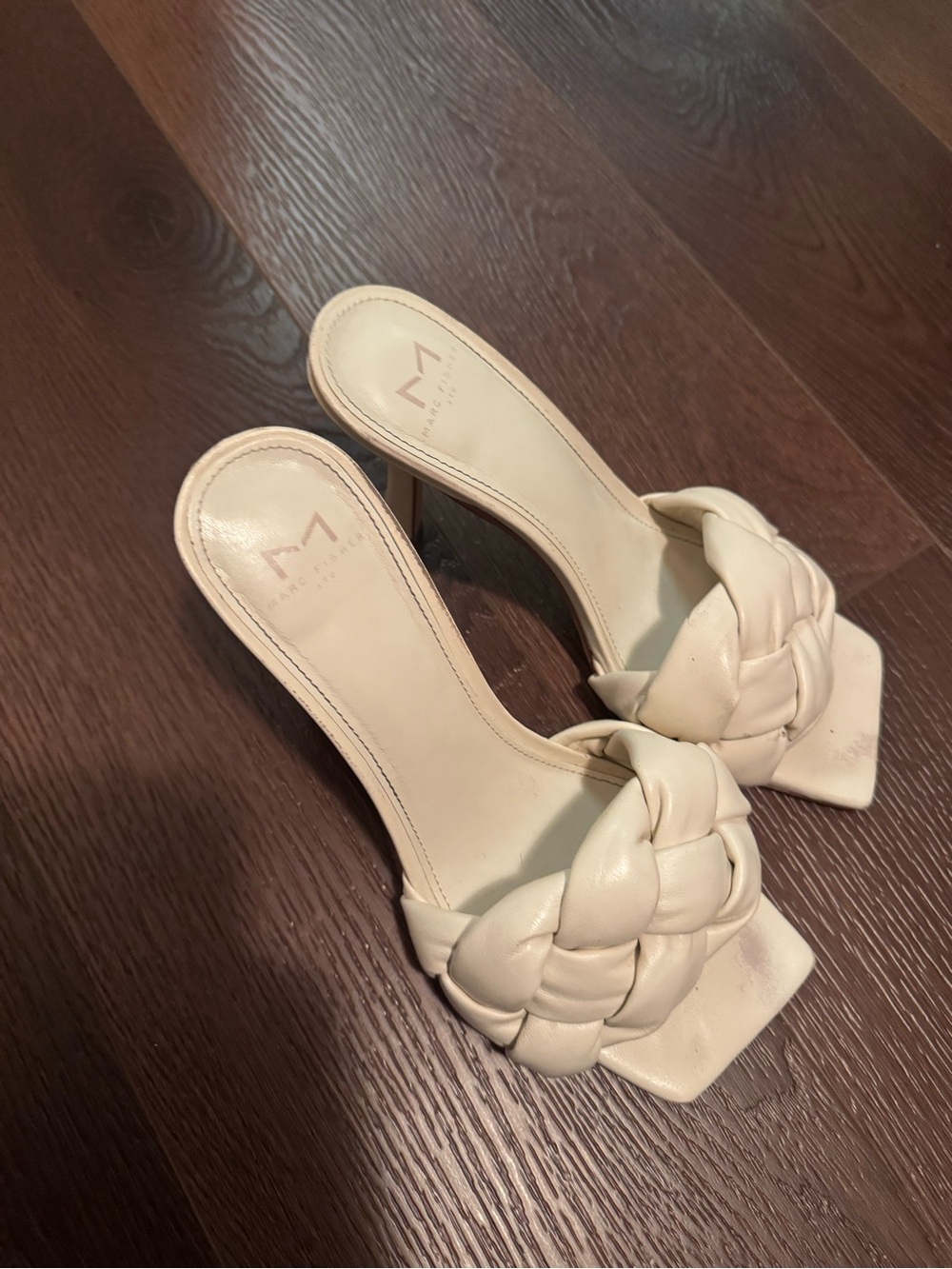 Marc Fisher white Braided Heeled Sandals Minimalist Quiet Luxury Heel 8.5”